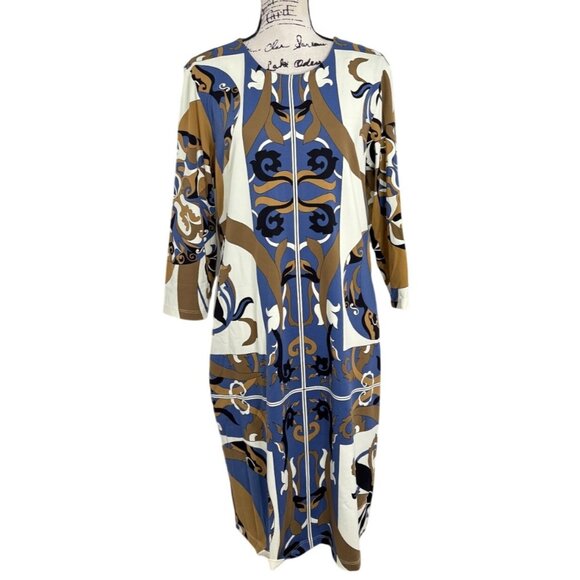 J. McLaughlin Dress Catalina Cloth 3/4 Sleeve Blue Tan White Abstract Women XL - Picture 1 of 8